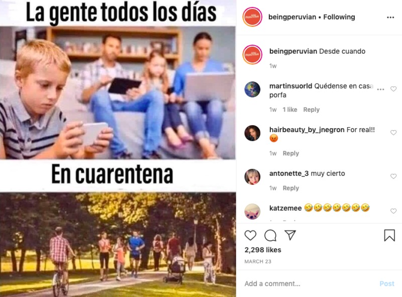 A meme translated to English. In the first scene is a family sitting on computers and phones with the words "people every day" above. In the second scene is a park where everyone is working out, above it says "in quarantine".