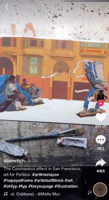 A social media screenshot of a video depicting the art making process with the caption "The Coronavirus effect in San Francisco, art for Politico". 