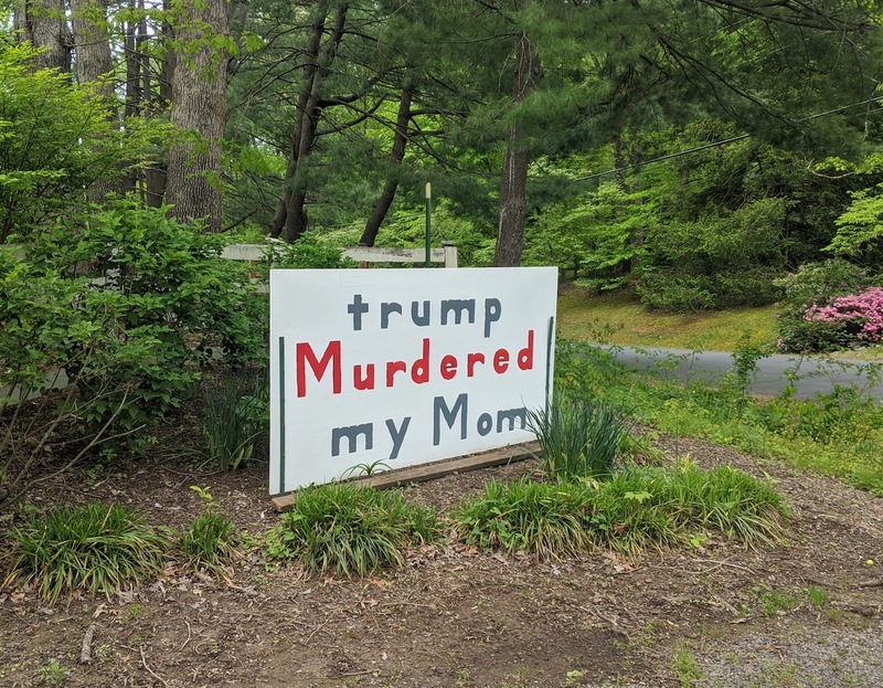 Large sign off the side of the road with text, "trump Murdered my Mom"