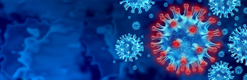Digital artwork of blue coronaviruses on a blue background. One has red tips.