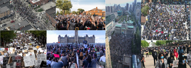 This is a collection of 7 different pictures of Black Lives Matter protests across Canada. 