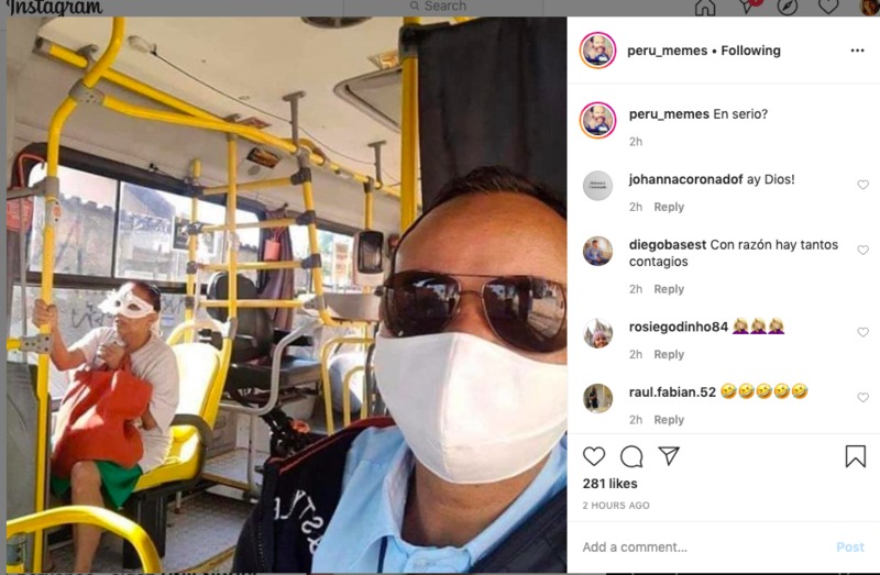 Two people on a bus. One wearing a facemask with sunglasses, in the background the other person is wearing a masquerade mask covering their eyes. Comment section to the right of the account that posted the photo @peru_memes.