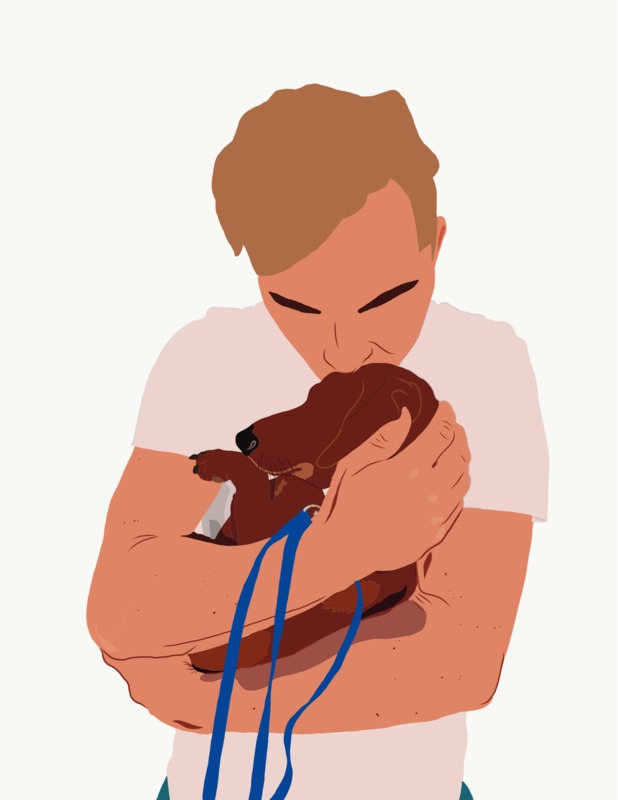 Artwork of a person holding a dog. 