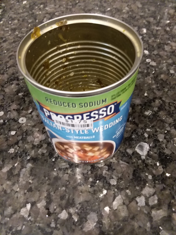 Empty soup can with text, "Reduced Sodium: Progresso: Italian-Style Wedding: with Meatballs"  