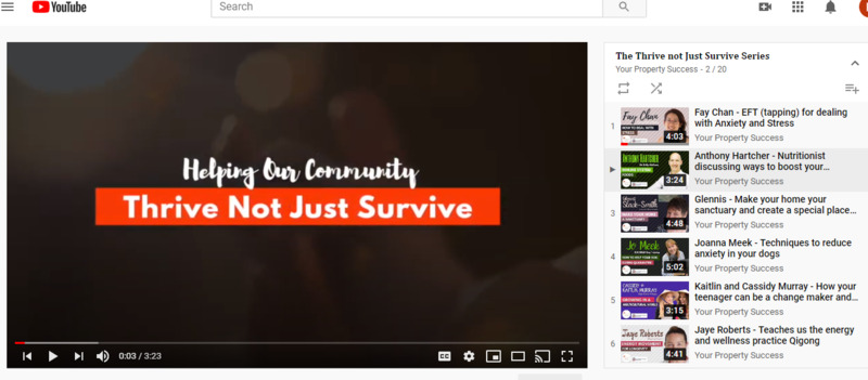 A screenshot of a youtube video entitled "Helping Our Community: Thrive Not Just Survive".