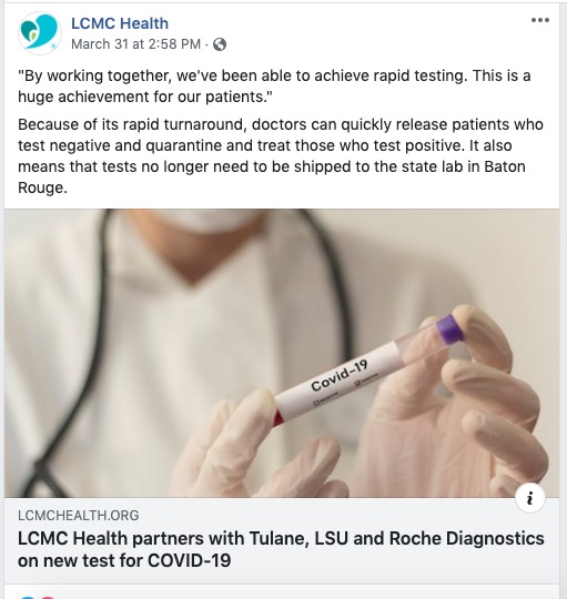 A social media post from LCMC Health. 