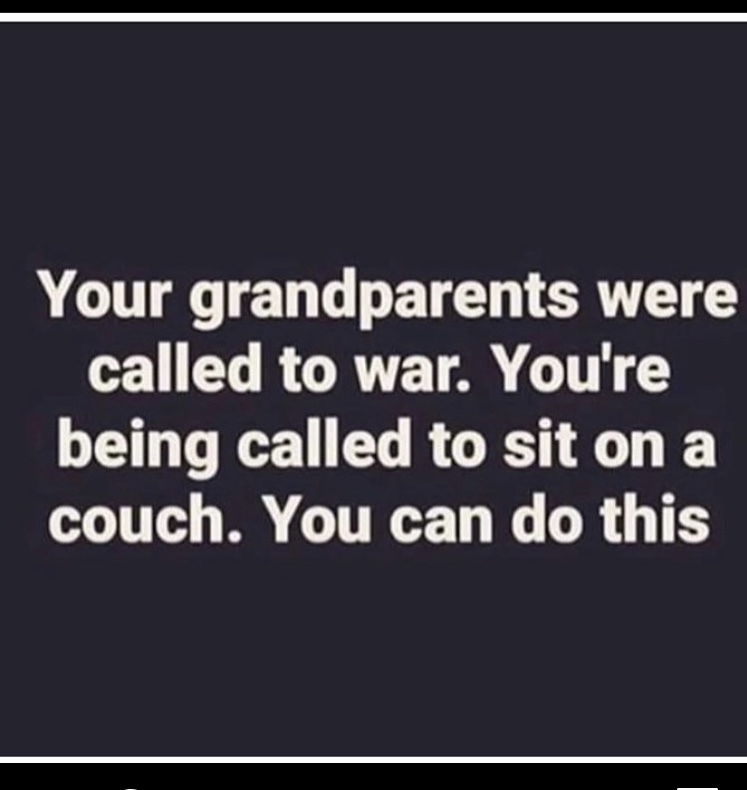 Meme text, "Your grandparents were called to war. You're being called to sit on a couch. You can do this"