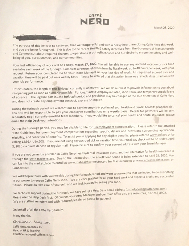 A letter from a café that talks about the temporary closure of their store. 