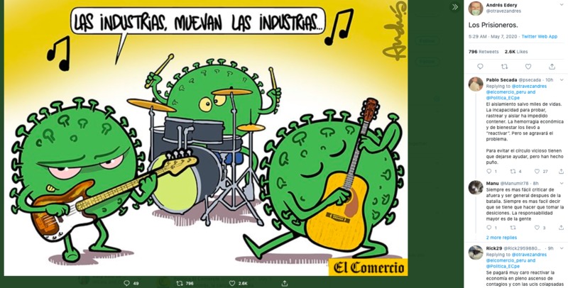 A cartoon depiction of a COVID-19 virus band rocking out with text above [translated from Spanish], "Industries, move industries..." 