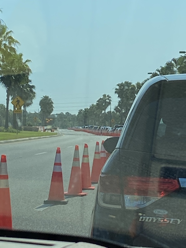 A long line of cars next to orange cones. 