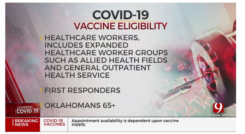 News website screenshot.  Bottom of the screen reads, "Breaking News".  Headline reads, "COVID-19 Vaccine Eligibility.  Healthcare workers, includes expanded healthcare worker groups such as allied health fields and general outpatient health service.  First responders. Oklahomans 65+".  