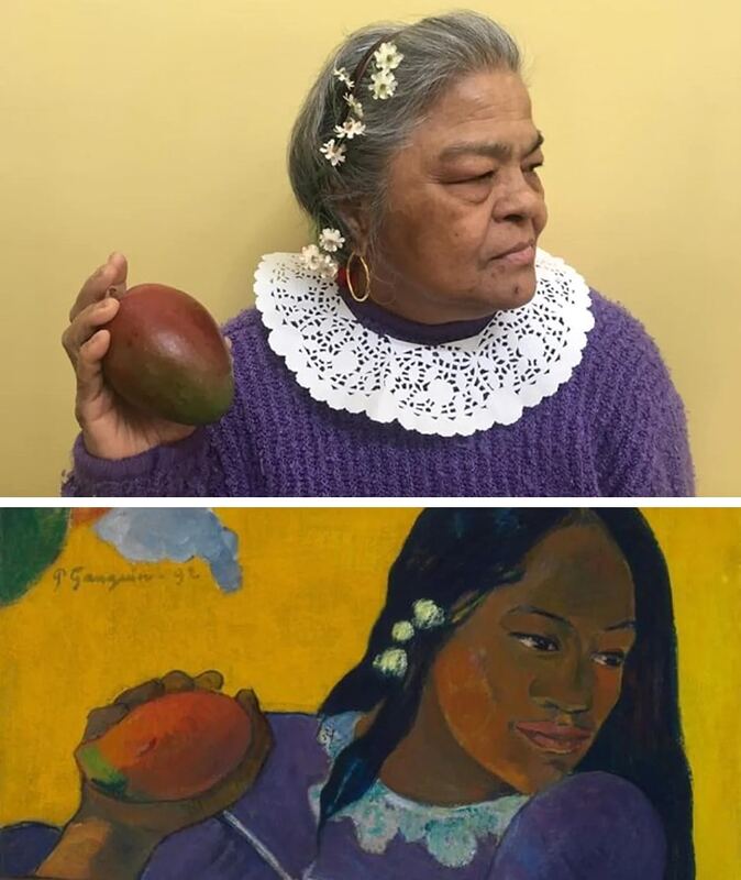 A side by side comparison of a woman posing for a painting, and the resulting work of art. 