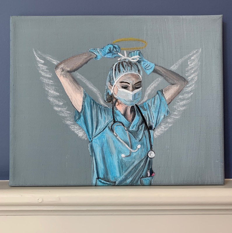 Painting of a healthcare worker with a halo and wings. 