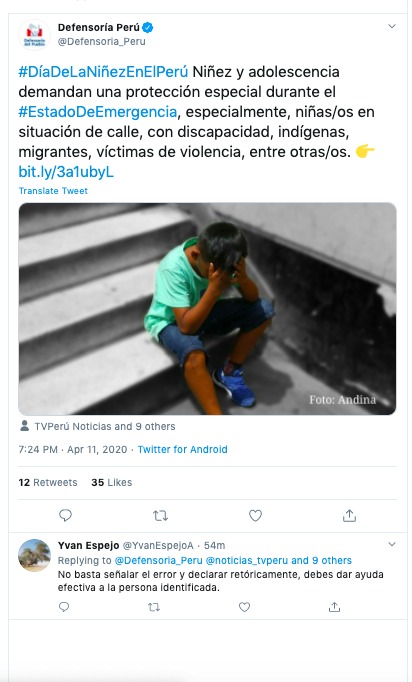 A Twitter screenshot of posts made by Defensoria Peru.