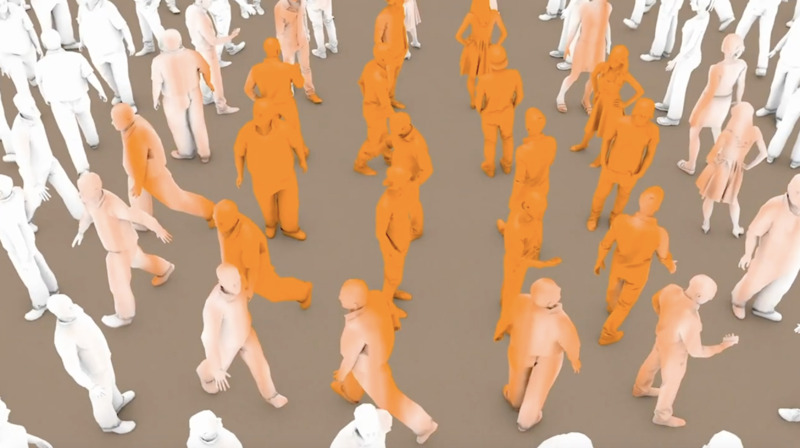 Graphic of silhouettes walking aimlessly around. Those towards the center are colored orange. Moving away from the center, the figures turn to a white color. 