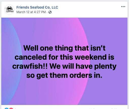 A social media post from Friends Seafood Co. 
