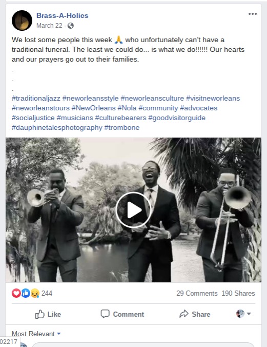 Social media post by "Brass-A-Holics" in March of 2020 with a video clip of three jazz players in suits: one playing trumpet (left), one singing (middle), and one playing trombone (right). 