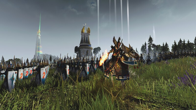 This is a picture taken of a group of characters in a video game wearing medieval armor, in battle formation, ready to fight behind another character on a horse.  