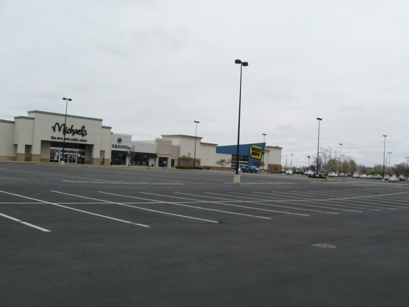 Image of an empty parking lot outside of a Best Buy and Michael's.