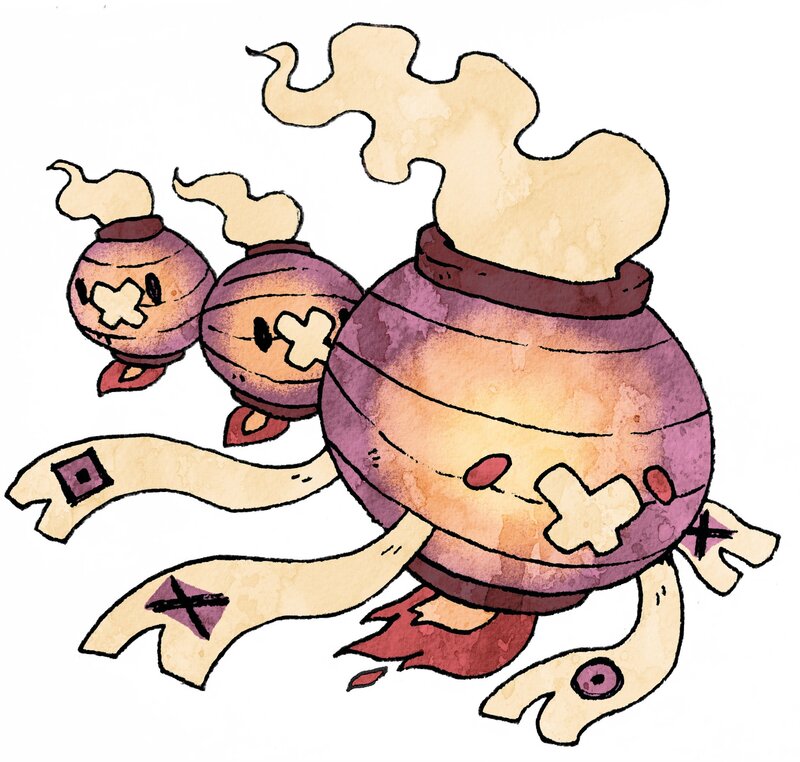 This is a picture taken of several drawings which depict a character from the game Pokemon as a paper lantern. The drawing is detailed in purple, red, orange, and black. 