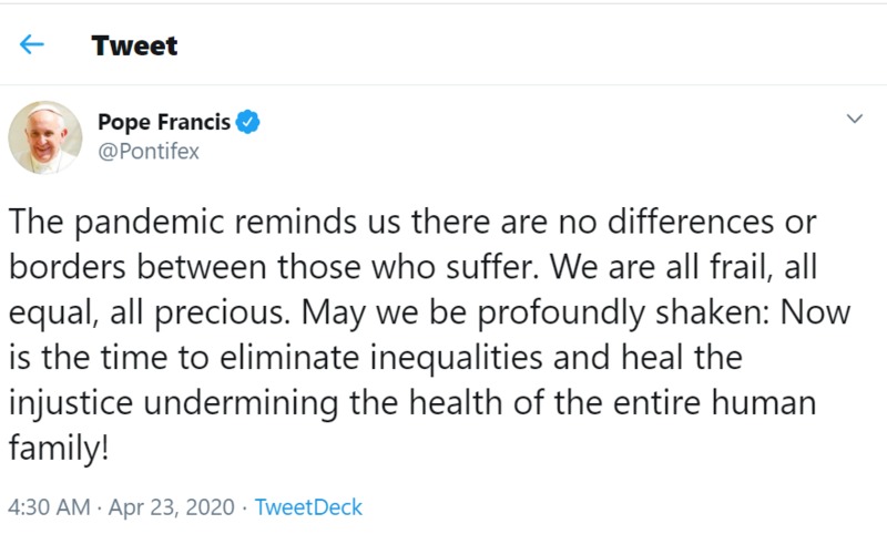 A social media post from Pope Francis. 