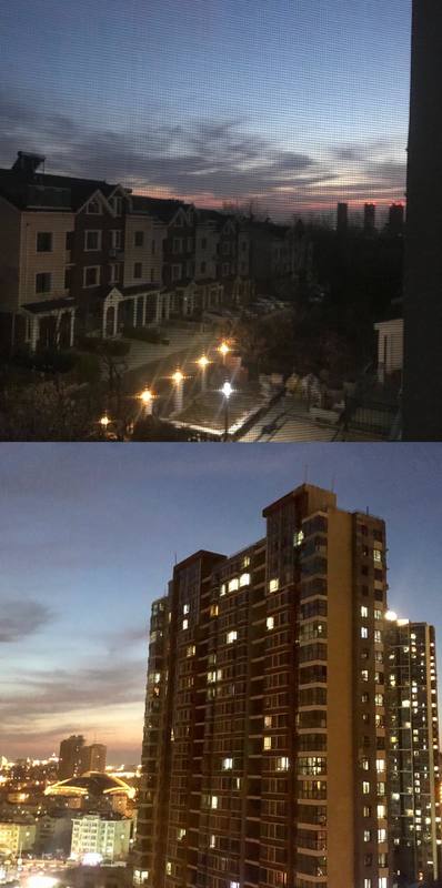 The top photo is a neighborhood while the sun sets. The bottom photo has a building at night with some lights on in rooms. 