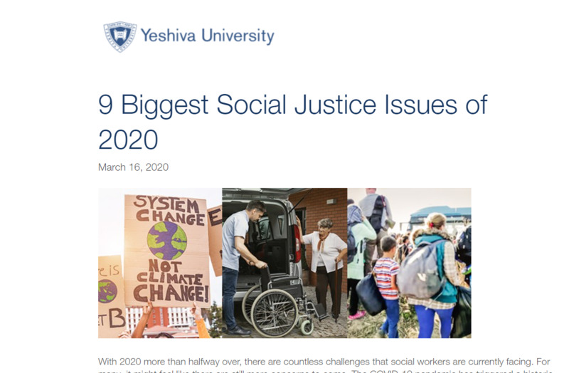 Screenshot from Yeshiva University webpage.  Triptych image of protesters holding saigns that say "system change, not climate change"; second image is of man unloading wheelchair from a van; third image is group of people with backpacks.  Text above reads, "9 Biggest Social Justice Issues of 2020".