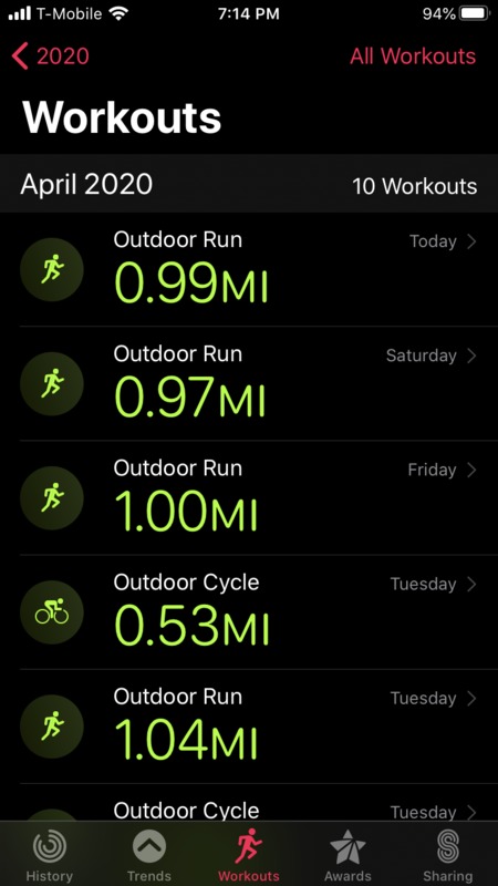 Screenshot of daily run distances. 