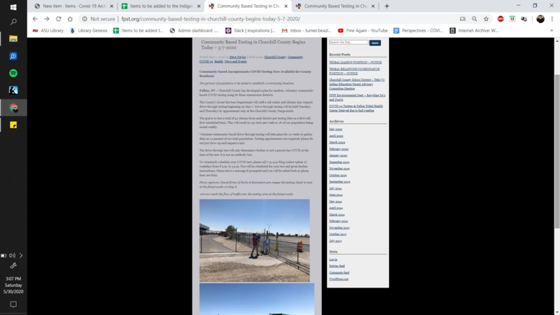 A screenshot of a news article discussing volunteer community based COVID-19 testing in Churchill County, Nevada.