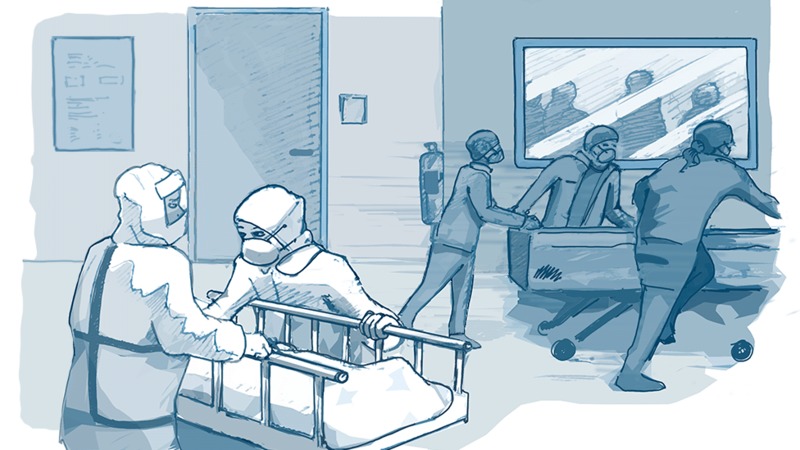 A drawing of a hospital with people in hazmat suits. 