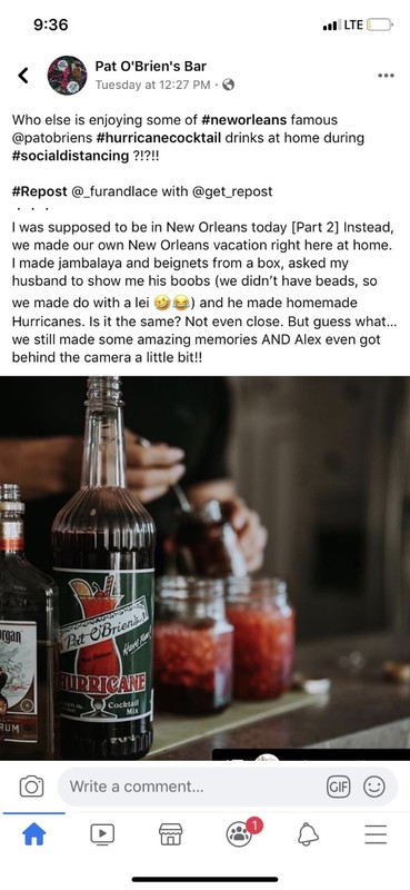 A screenshot of a Facebook post by Pat O'Brien's Bar, located in New Orleans. 