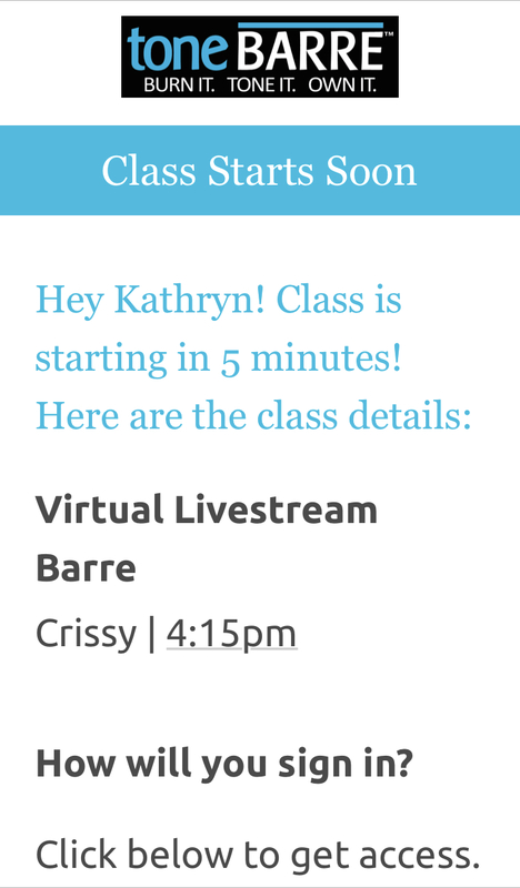 Screenshot of a reminder to join a livestream for a virtual exercise class.