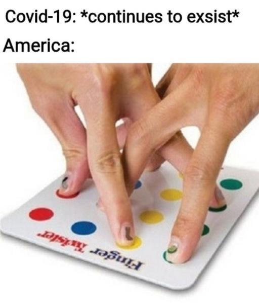 A meme that shows two hands interlocking on a finger twister board while COVID-19 still exists.