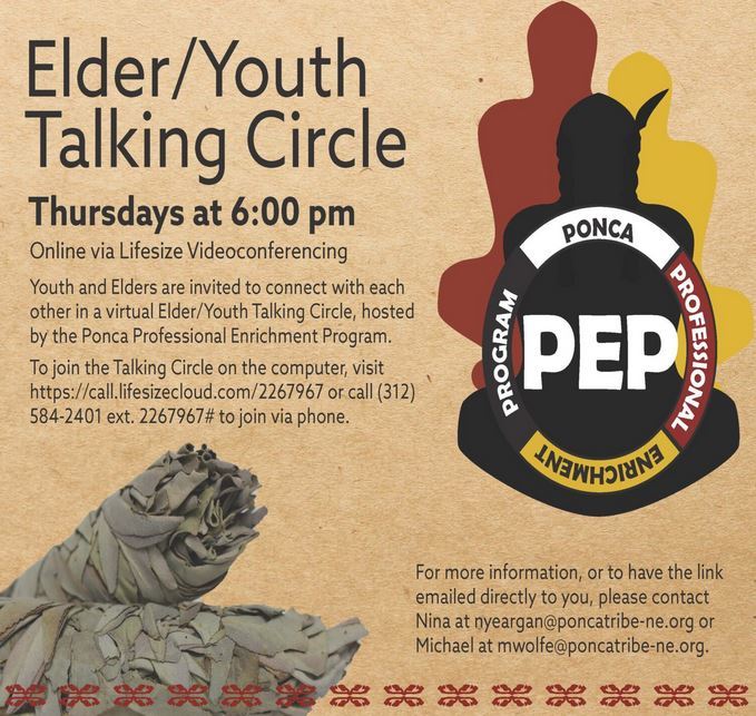 A flyer advertising a virtual Ponca elder/youth talking session.