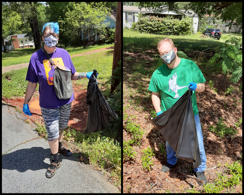 Two photos of two people cleaning up litter. 