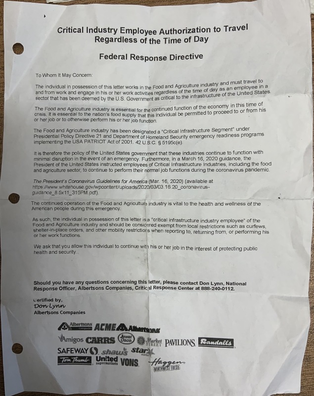 Image of a letter entitled "Critical Industry Employee Authorization to Travel Regardless of the Time of Day" from Albertsons, to an employee. 