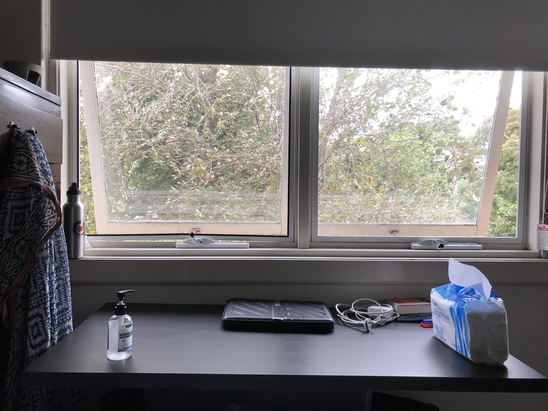 A black desk sitting in front of two open windows. On top of the desk is a bottle of hand sanitizer on the right, in the middle of the desk is a closed laptop. On the right of the desk is a plastic bag of paper towels. Outside of the window is a big tree blocking the view. 