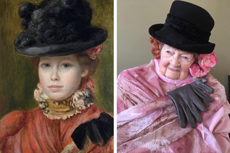 A side by side comparison of a woman posing for a painting, and the resulting work of art. 