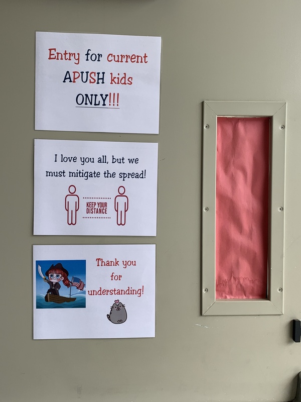This is a picture of a classroom door, with several signs posted on it. The first one reads "Entry for current APUSH kids only!!!". The second message reads "I love you all, but we must mitigate the spread!", below which a diagram depicting social distance is shown. The third message reads "Thank you for understanding!", along with several pictures depicting a cat, and a woman dressed as a pirate on a boat with an American flag flying from it. 