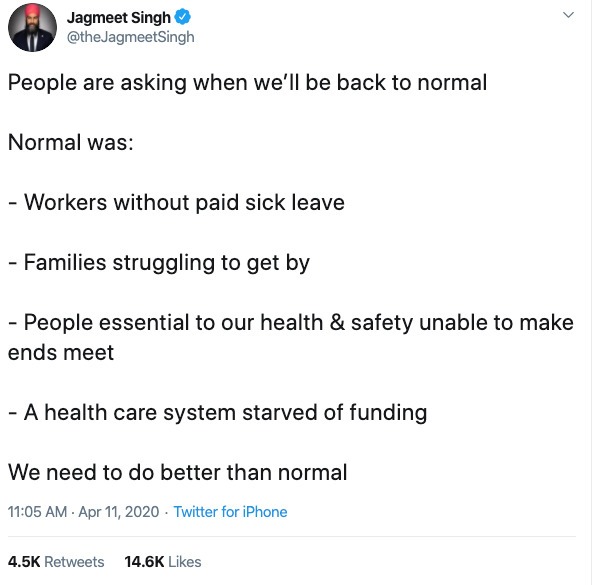 Twitter post from Jagmeet Singh.