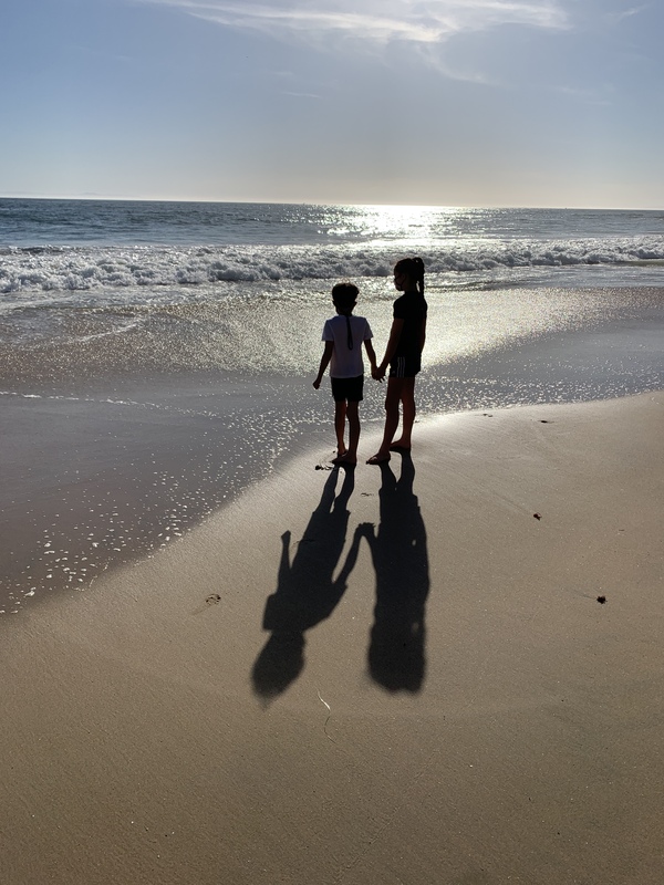 This is a picture of two young children holding hands at the beach, and staring out into the ocean. 