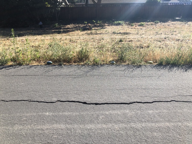 This is a picture of a cracked portion of asphalt. 