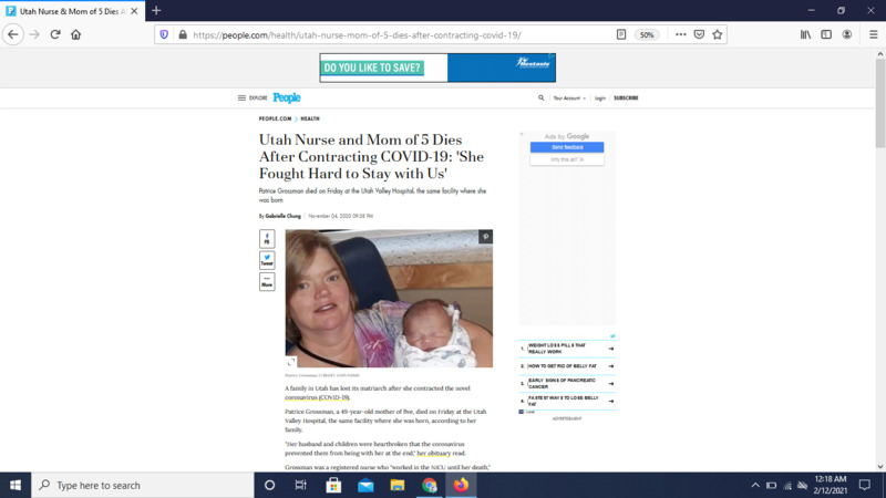 Screenshot of People Magazine website.  Article is titled: "Utah Nurse and Mom of 5 Dies After Contracting COVID-19: 'She Fought Hard to Stay with Us'".