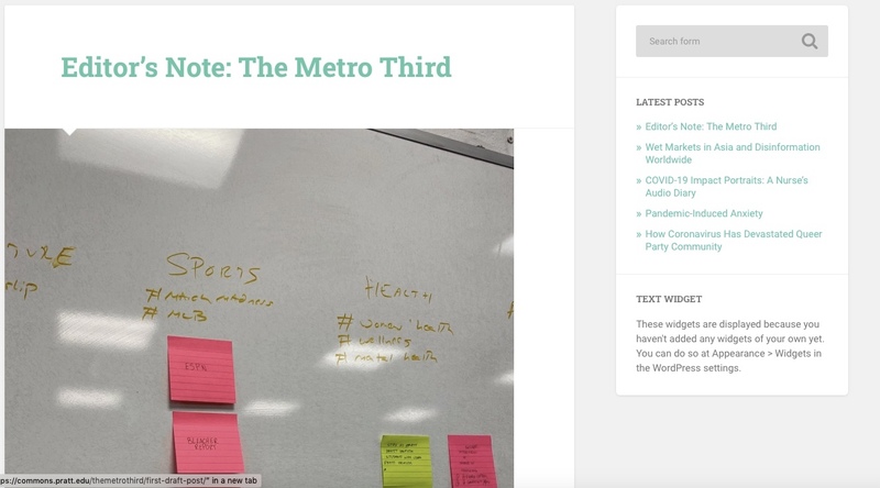 Screenshot of a webpage that says "editor's note: the metro third" and an image of a whiteboard with sticky notes on it.