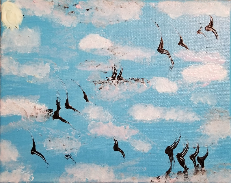 A painting of the sky with clouds and birds. 