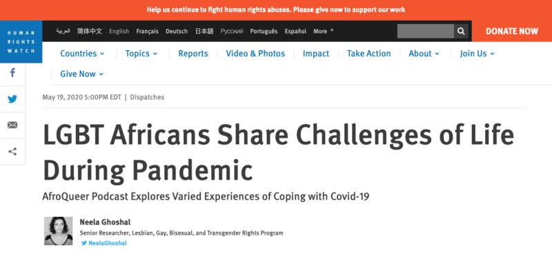Screenshot of an article titled "LGBT Africans Share Challenges of Life During Pandemic".
