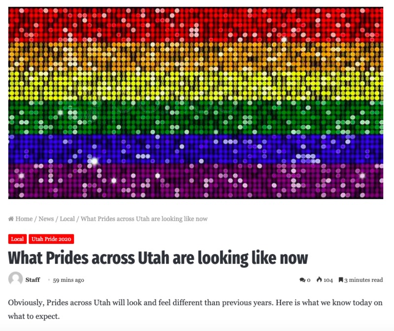 Screenshot of Pride across Utah article with glittery rainbow.  