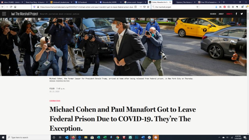 A screenshot of an article titled "Michael Cohen and Paul Manafort Got to Leave Federal Prison Due to COVID-19. They're the Exception". 