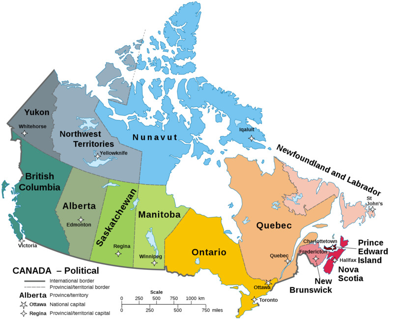 Political map of Canada.