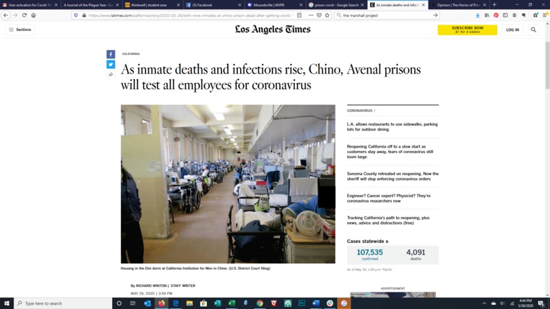 Screenshot of an article with the title "As inmate deaths rise, China, Avenal prisons will test all employees for coronavirus".